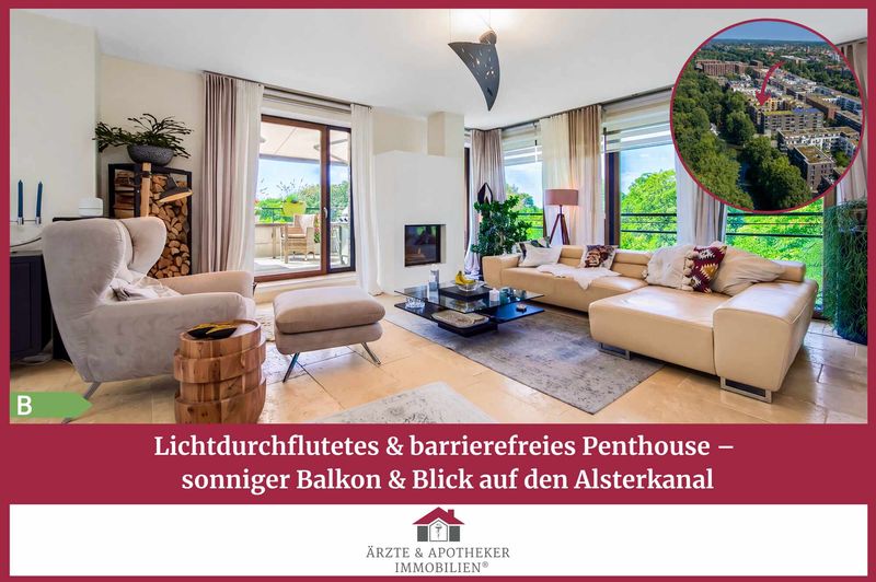 Lichtdurchflutetes & barrierefreies Penthouse –
sonniger Balkon & Blick auf den Alsterkanal